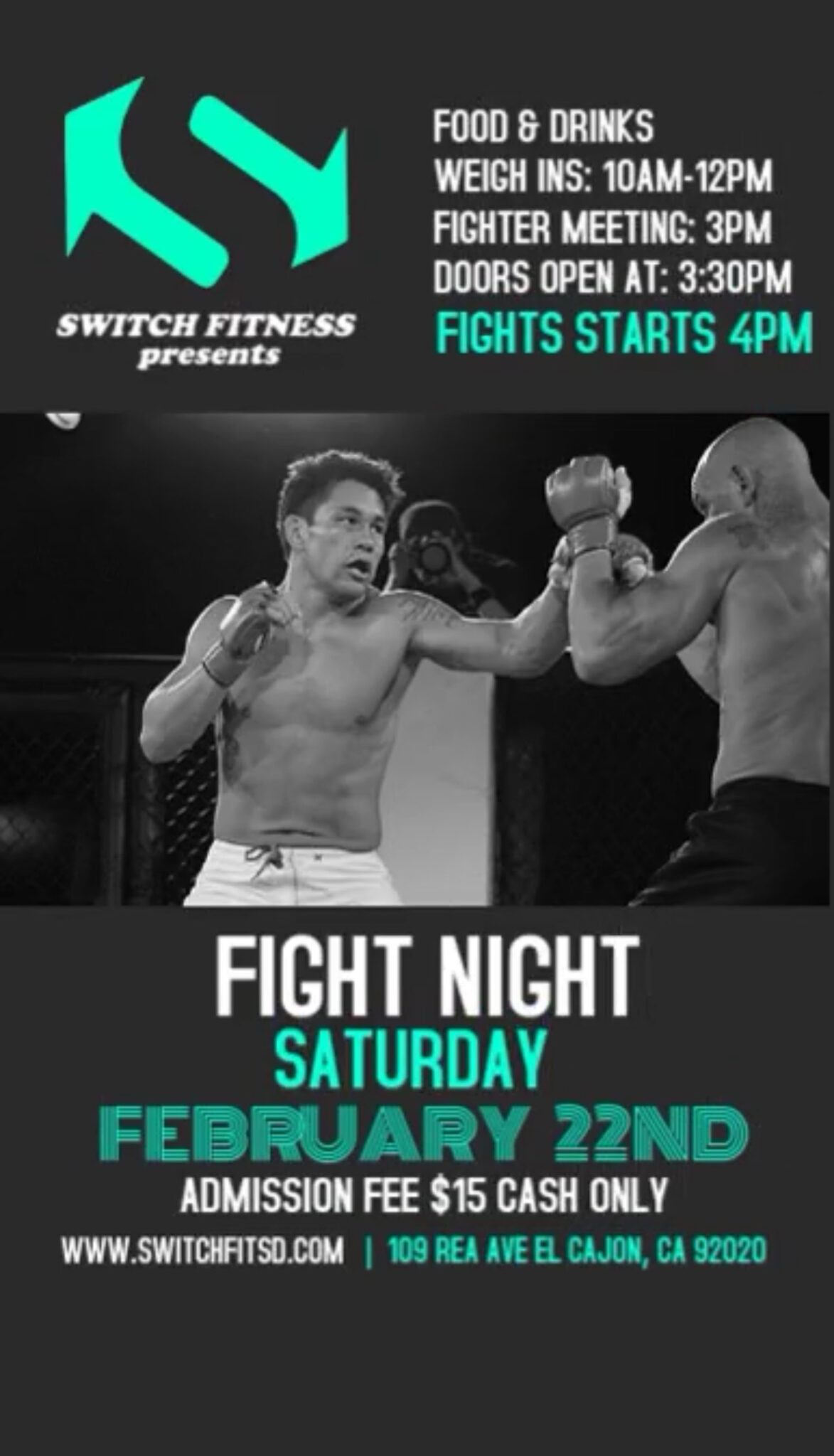 poster of fight night event at Switch Fitness on Saturday February 22nd