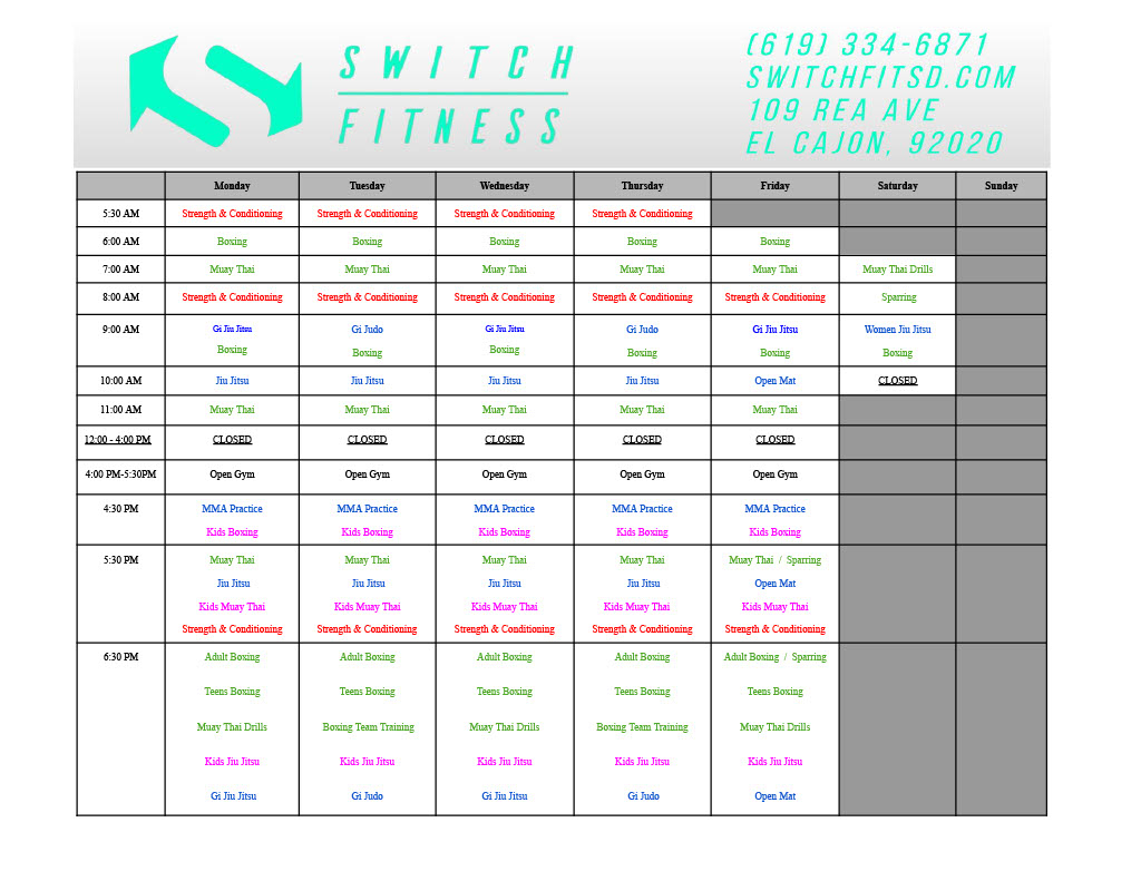 Switch Fitness Gym's Weekly Schedule for 2026